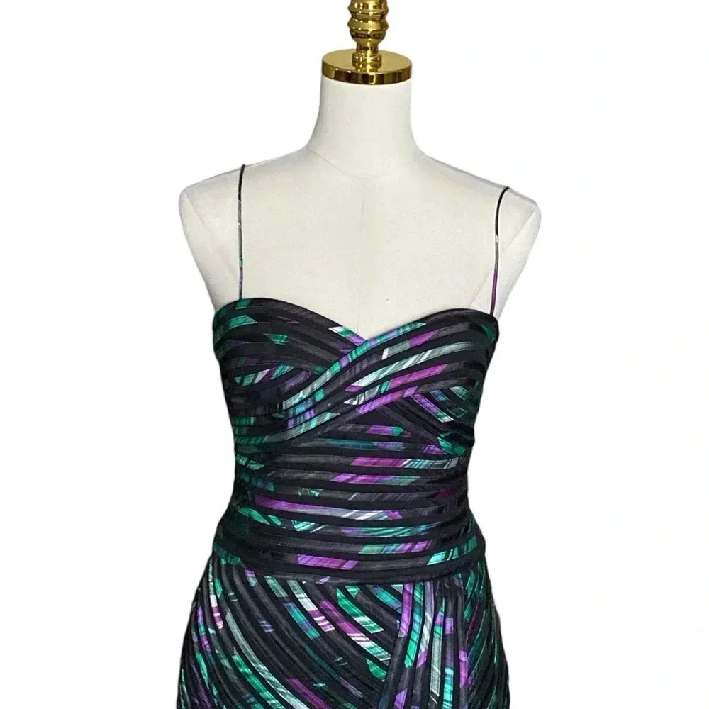 CACHE | Multicolor Sweetheart Spaghetti Strap Mesh Overlay Mini Dress Size 2 - Picture 6 of 12
